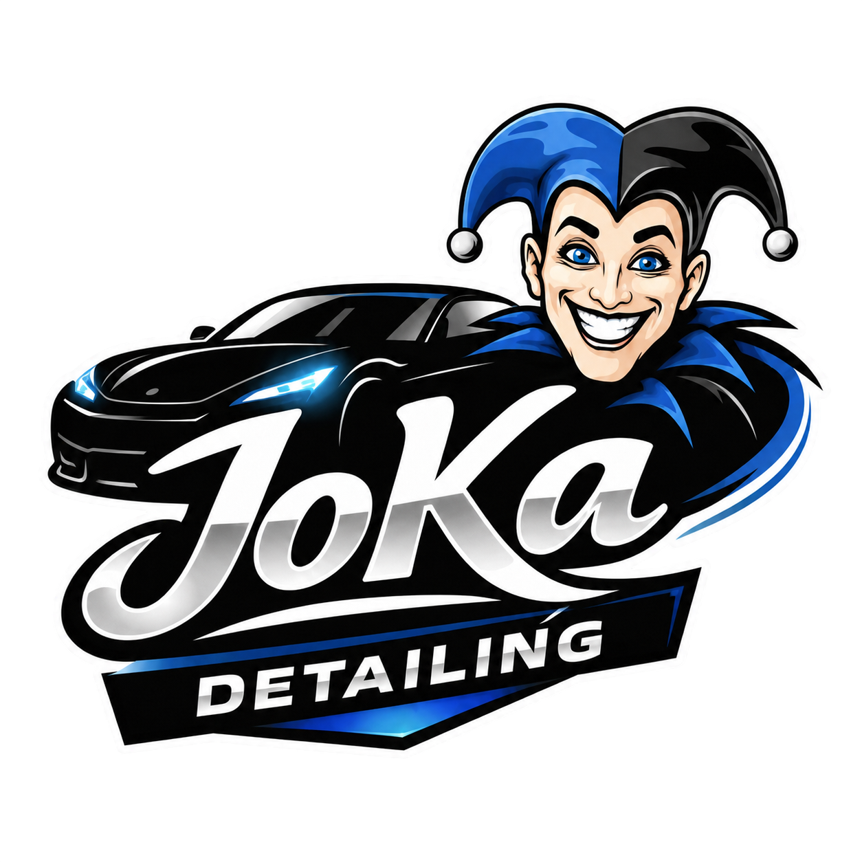 JoKa Detailing Logo mit Joker, schwarzem Sportwagen und blau-schwarzem Design für professionelle Autoreinigung.